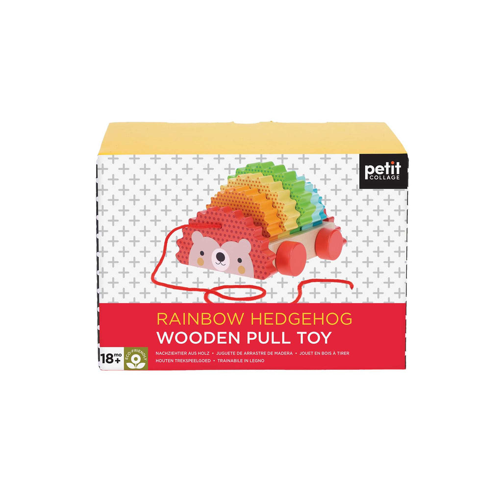 Chronicle Petit Collage Rainbow Hedgehog wooden pull toy in box packaging, front view.