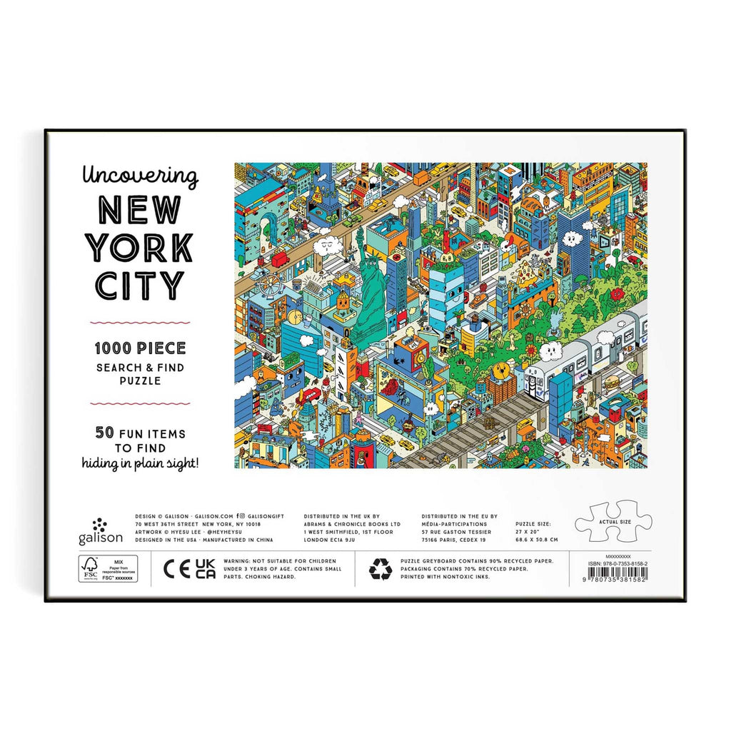 Chronicle Galison 1000 Piece Uncovering New York City Search and Find jigsaw puzzle box packaging back view.