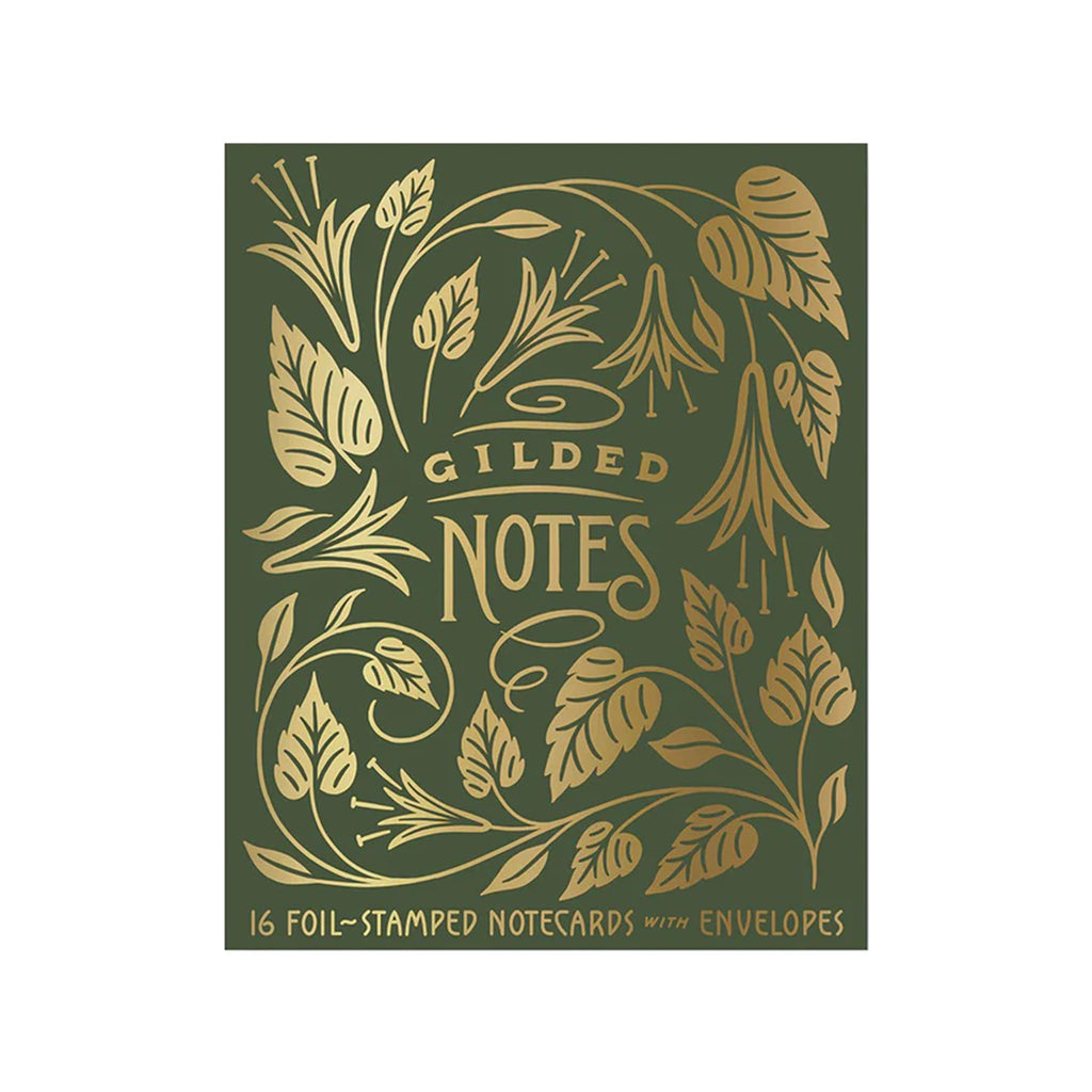 Gilded Notes notecard set with gold leaf design on a green background.