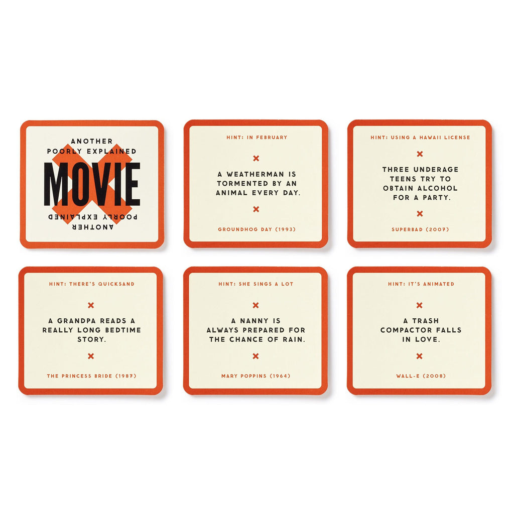 Chronicle Brass Monkey Poorly Explained Movies game, sample cards.
