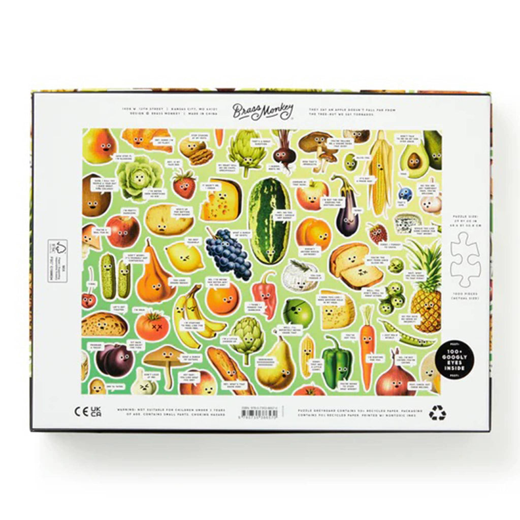 Box back of 1000 piece 'Googly Food' puzzle with colorful illustrations of fruits and vegetables.