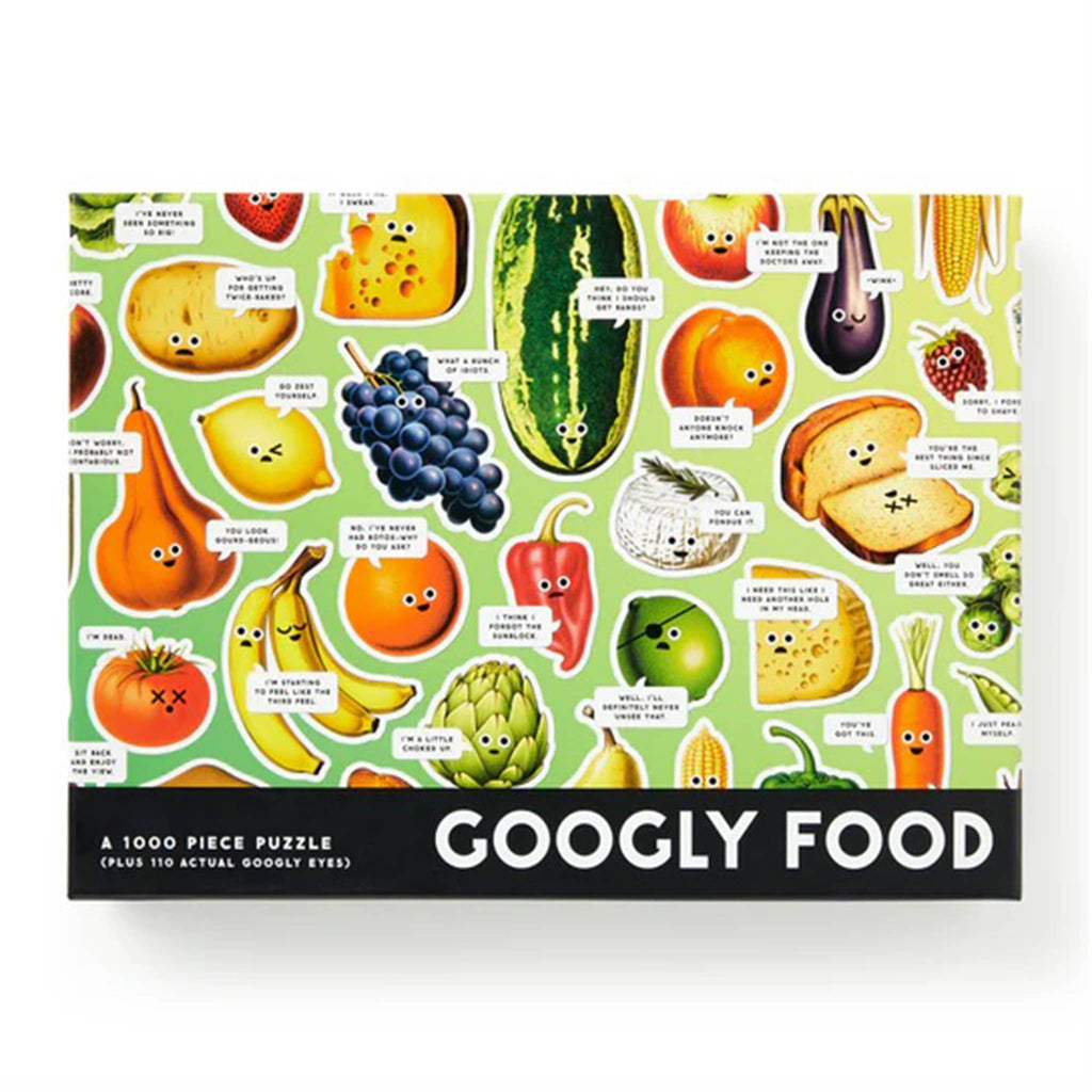Googly Food puzzle packaging with colorful illustrations of fruits and vegetables on a green background.