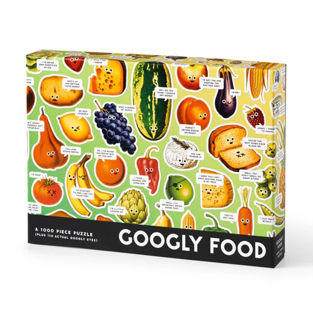 Box front of 1000 piece 'Googly Food' puzzle with colorful illustrations of fruits and vegetables.