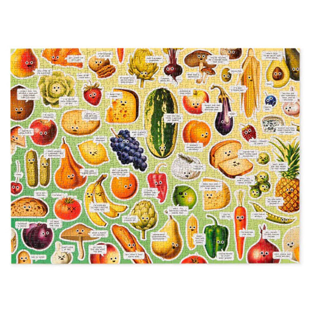 Completed puzzle with colorful illustration of fruits and vegetables with faces on a green to yellow ombre background.
