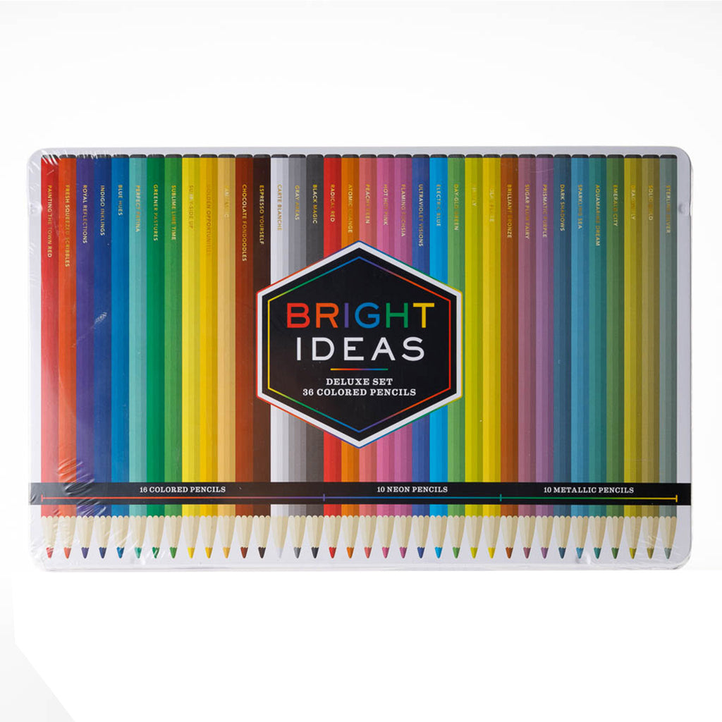 Chronicle Bright Ideas Deluxe Set with 36 colored pencils, in tin packaging, front view.