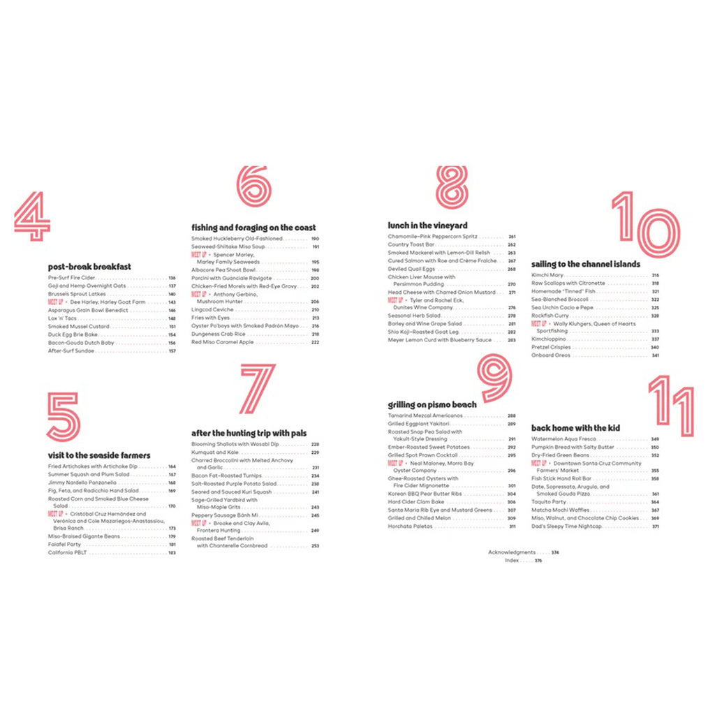 Chronicle Coastal: 130 Recipes from a California road trip hardcover book, table of contents page 2.