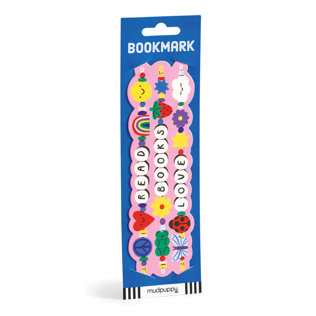 Colorful friendship bracelet themed bookmark with decorative elements in blue packaging.