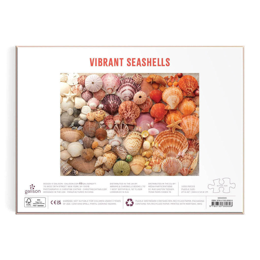 Chronicle Galison 1000 piece Vibrant Seashells jigsaw puzzle in box packaging, back view.
