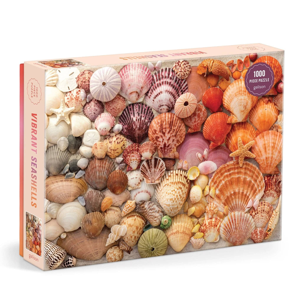 Chronicle Galison 1000 piece Vibrant Seashells jigsaw puzzle in box packaging, front angle view.