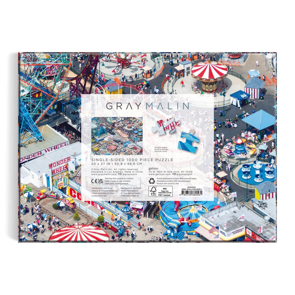 Chronicle Galison 1000 piece Gray Malin Coney Island jigsaw puzzle in box packaging, back view.