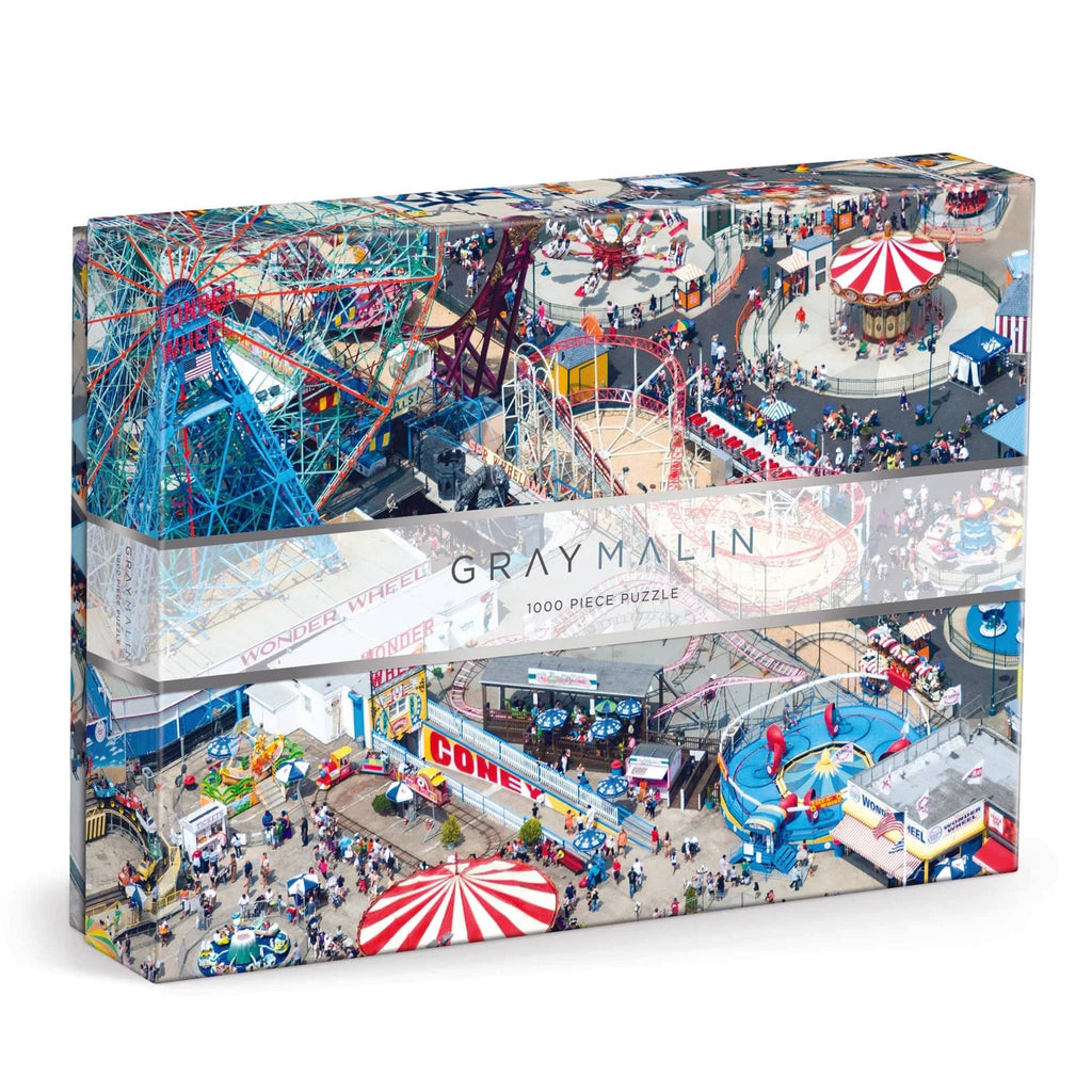Chronicle Galison 1000 piece Gray Malin Coney Island jigsaw puzzle in box packaging, front angle view.