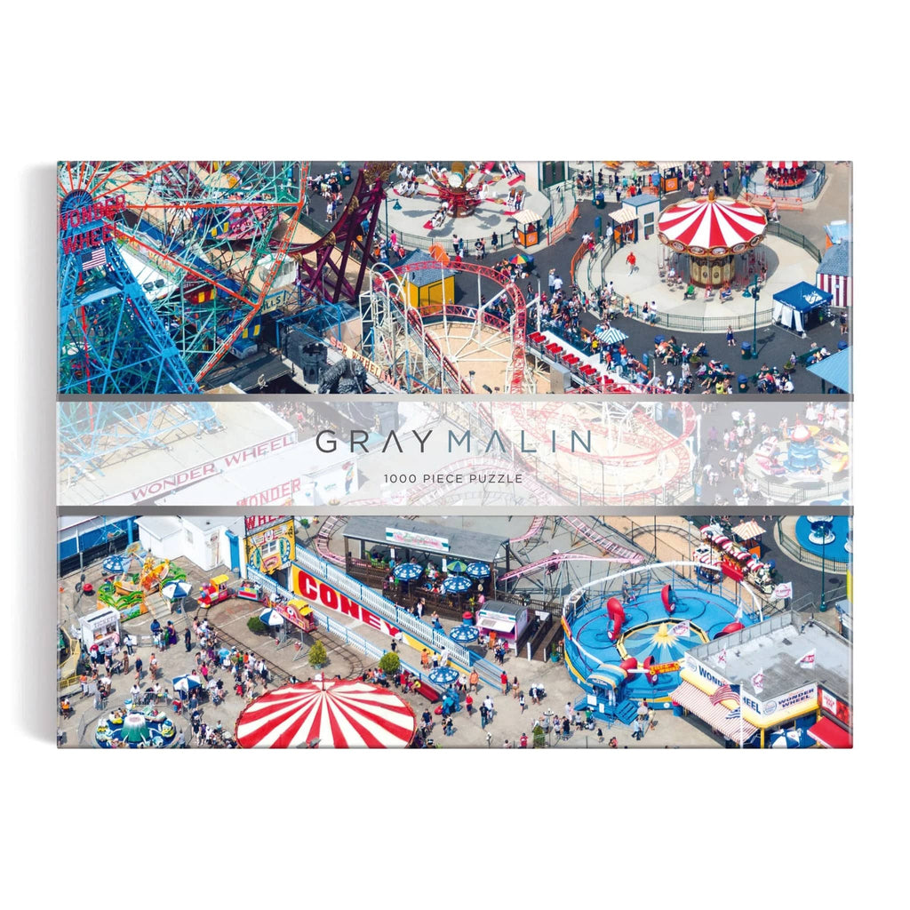 Chronicle Galison 1000 piece Gray Malin Coney Island jigsaw puzzle in box packaging, front view.