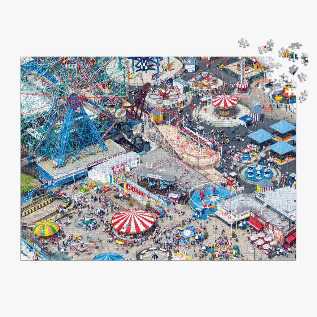Chronicle Galison 1000 piece Gray Malin Coney Island jigsaw puzzle in progress.