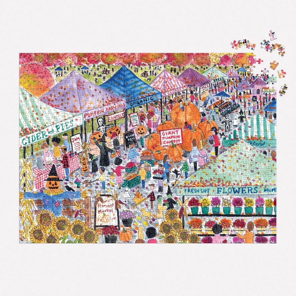 Colorful puzzle with a market scene featuring pumpkins, sunflowers, and people.