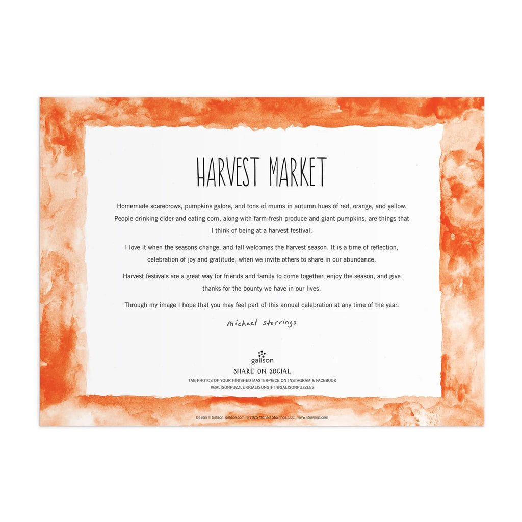 Back of puzzle box with text about 'Harvest Market' puzzle with an orange watercolor border on a white background.