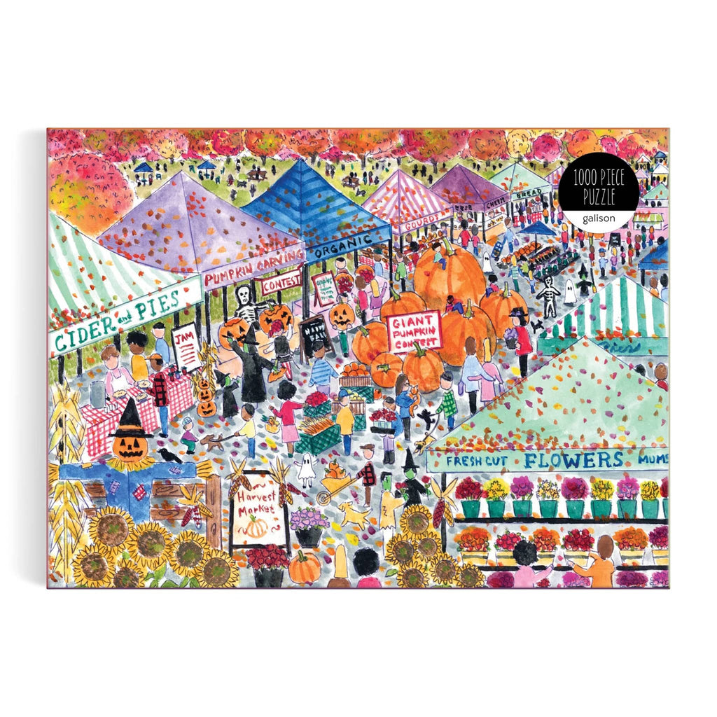 Puzzle box with a colorful illustration of a market scene featuring tents and people.
