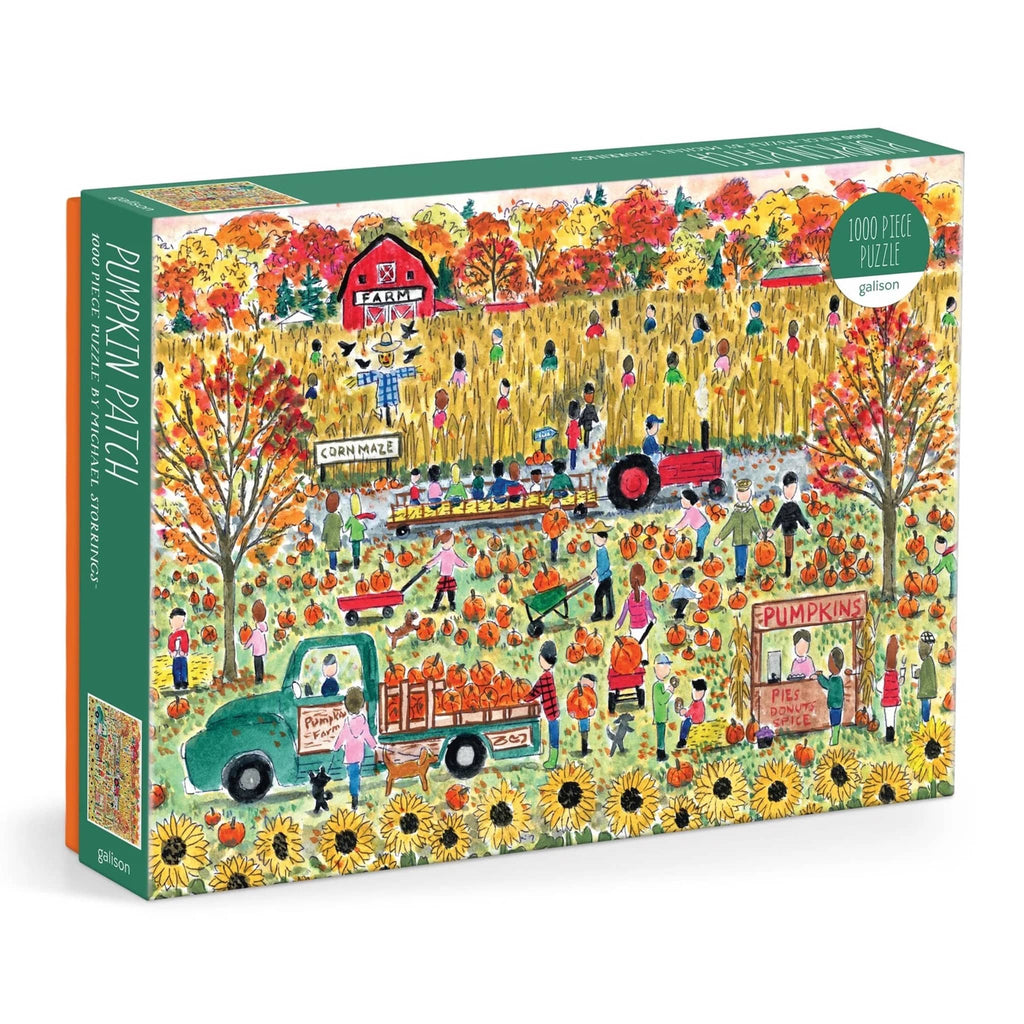 Jigsaw puzzle box with a colorful autumn farm scene design on a white background.