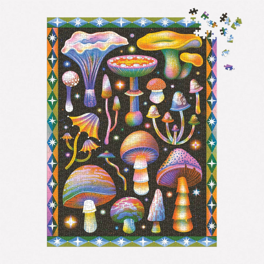 Colorful mushroom-themed puzzle almost completed with a few scattered pieces, on a white background.