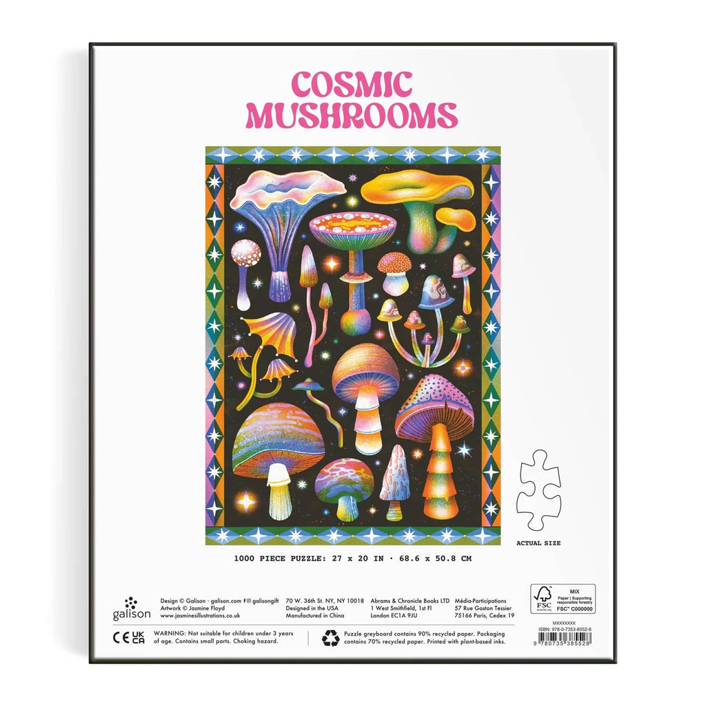 Colorful mushroom-themed puzzle in box packaging, back view, on a white background.