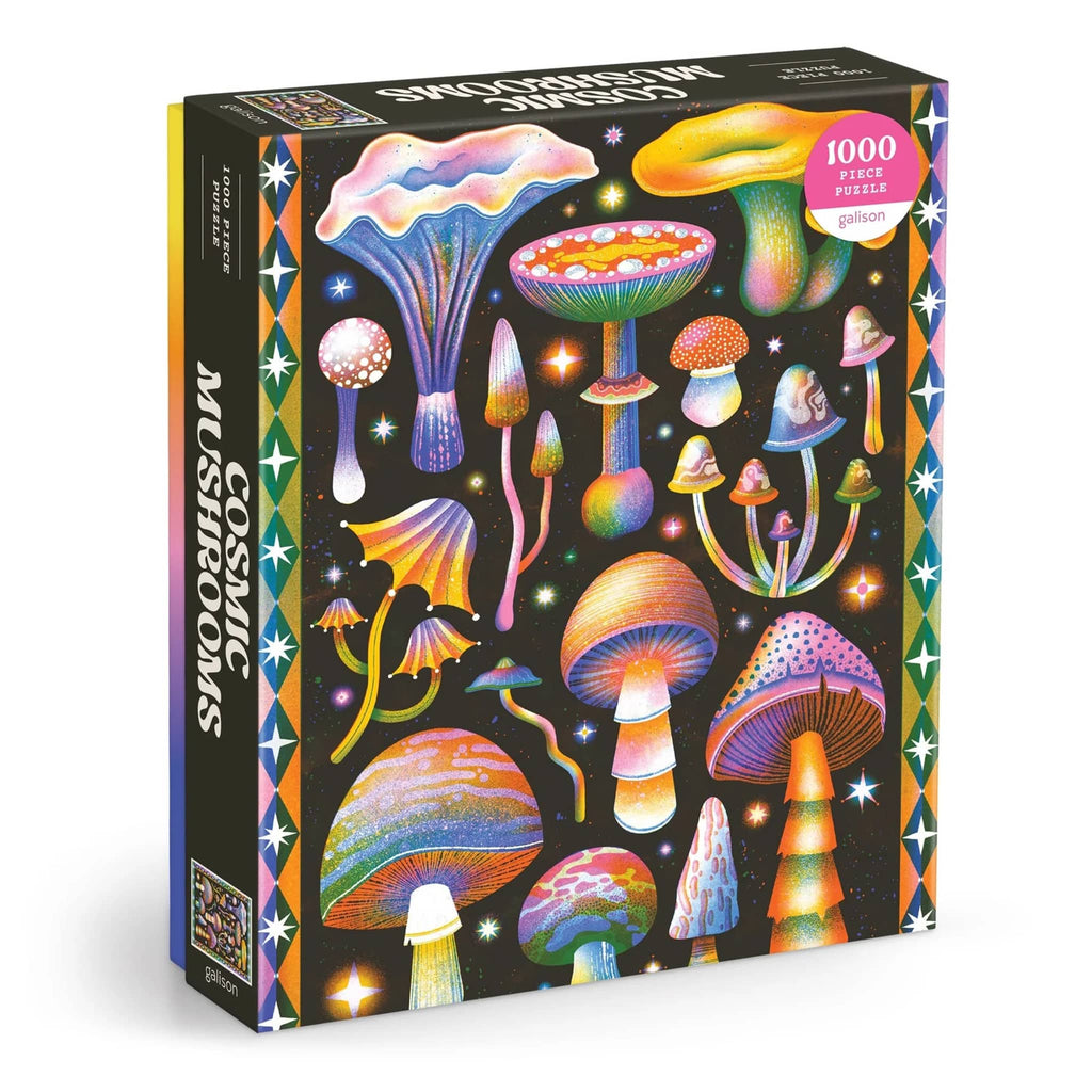 Colorful mushroom-themed puzzle in box packaging, front angle on a white background.