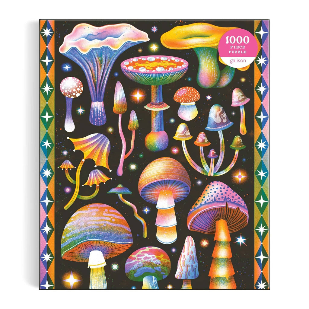 Colorful mushroom-themed puzzle in box packaging, front view on a white background.