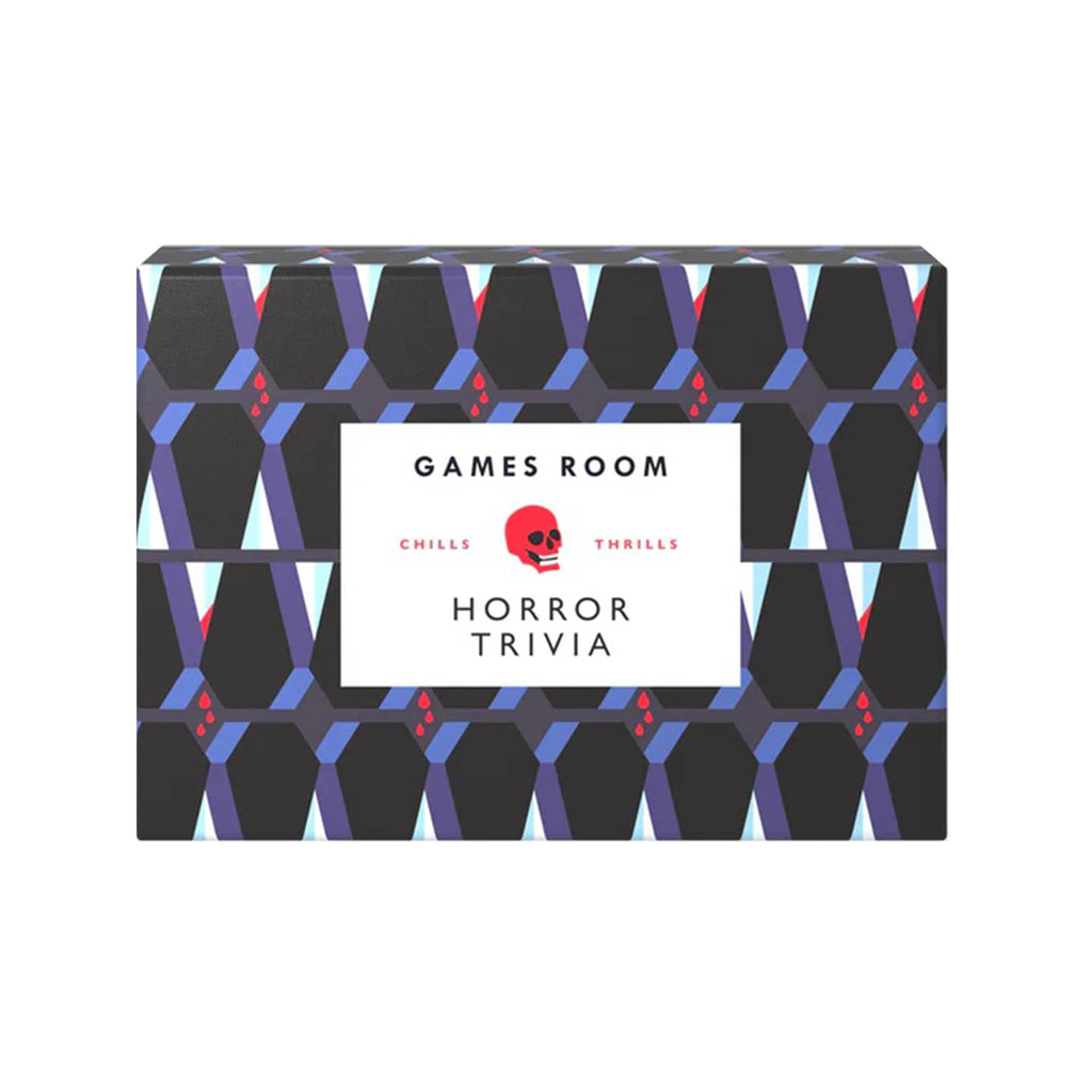 'Horror Trivia' in a coffin inspired geometric pattern box on a white background.