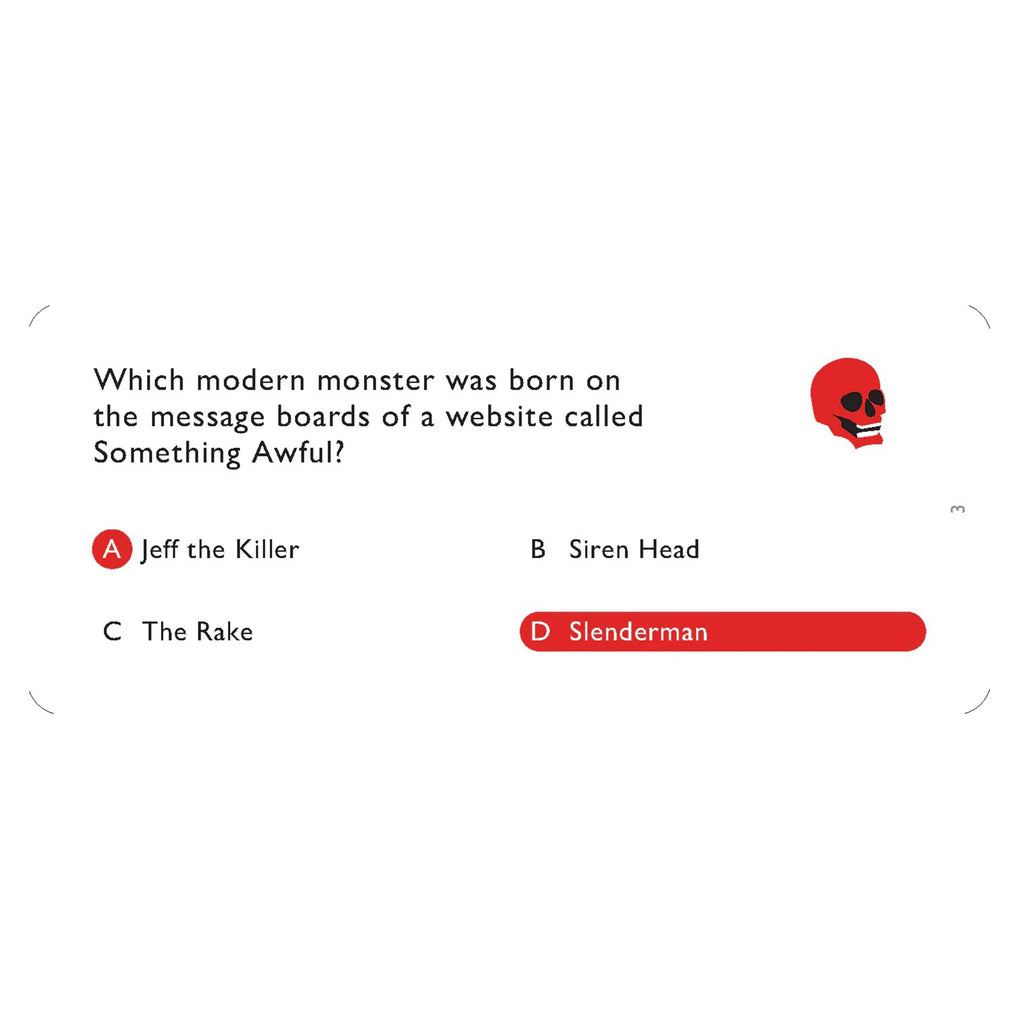 Quiz question about Slenderman on a white background with a red skull icon.
