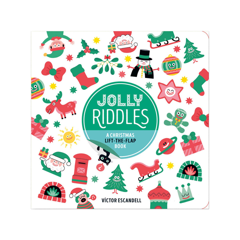 Board book cover of 'Jolly Riddles' with Christmas-themed illustrations on a white background.