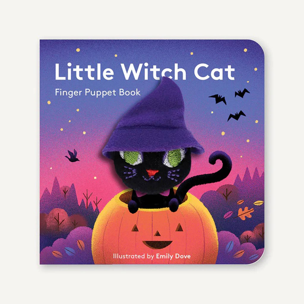 Finger puppet book cover featuring a black cat in a witch hat on a pumpkin with a purple and pink background, shown on a white background.