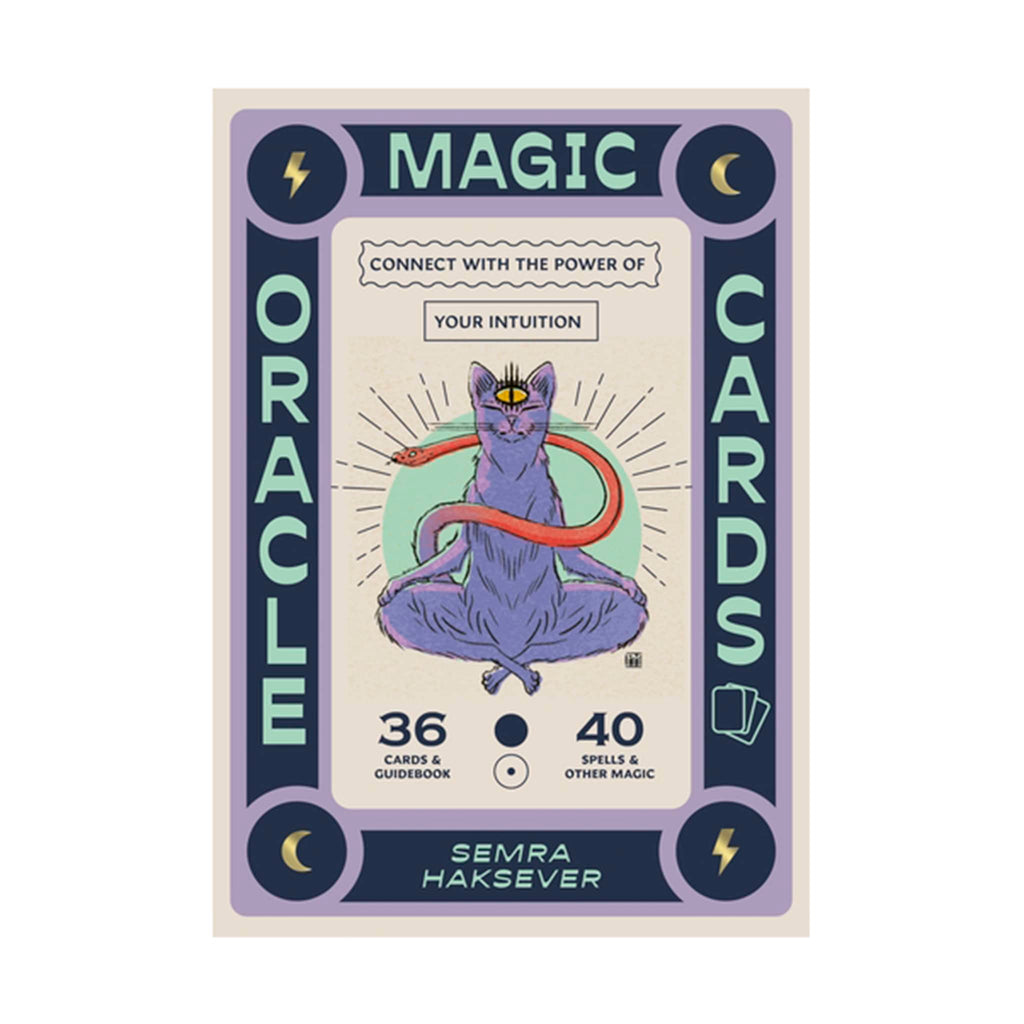 Chronicle Magic Oracle Cards deck in box packaging with an illustration of a purple cat with a third eye and a snake.