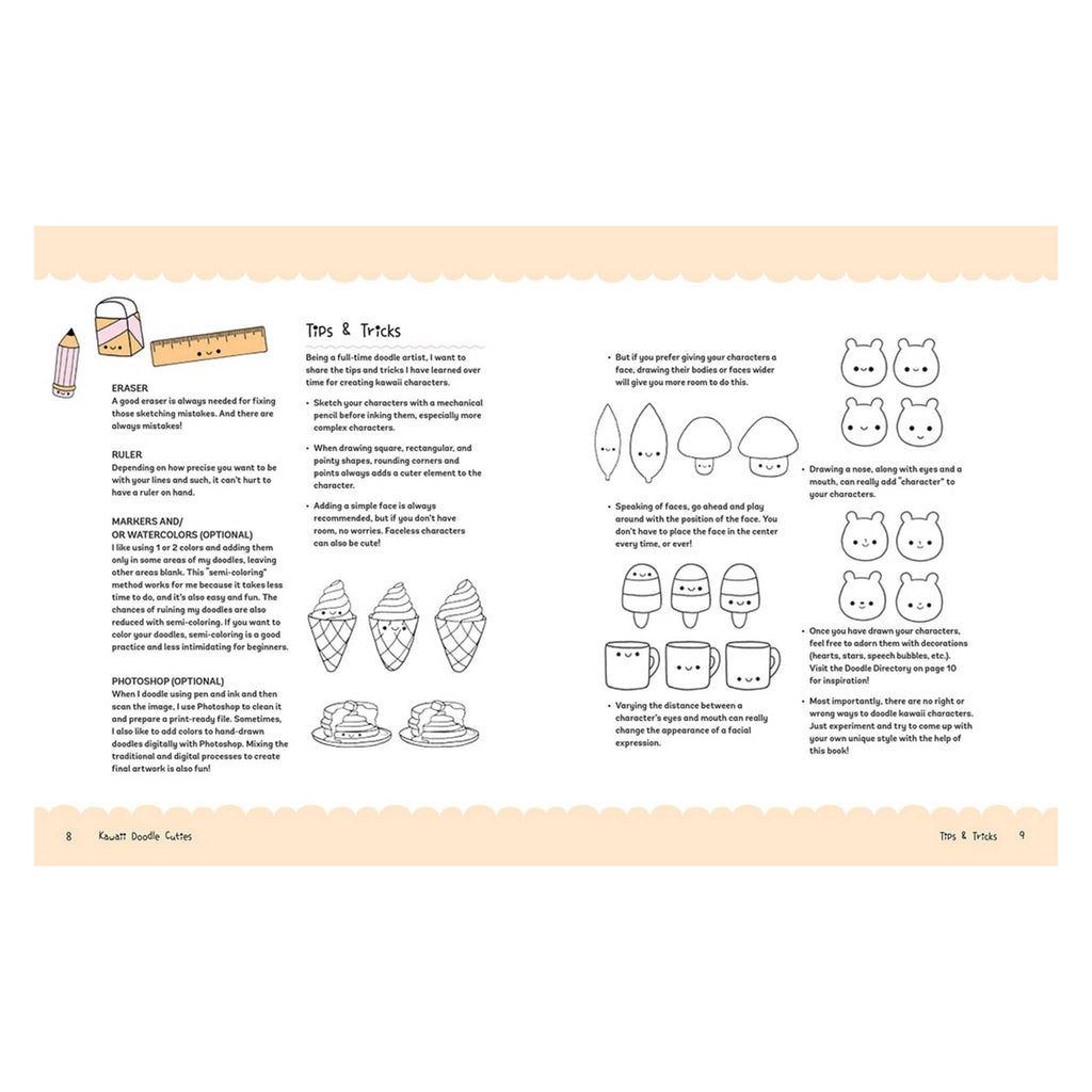 Chronicle Mini Kawaii Doodle Cuties paperback book, sample pages with tips & tricks.