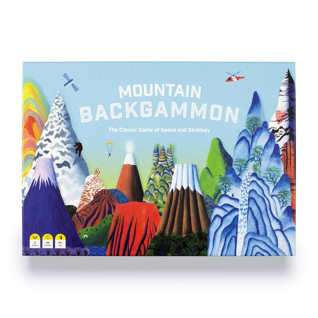 Chronicle Mountain Backgammon: the classic game of speed and strategy board game box packaging top with colorful and playful illustrations of mountains of different sizes.