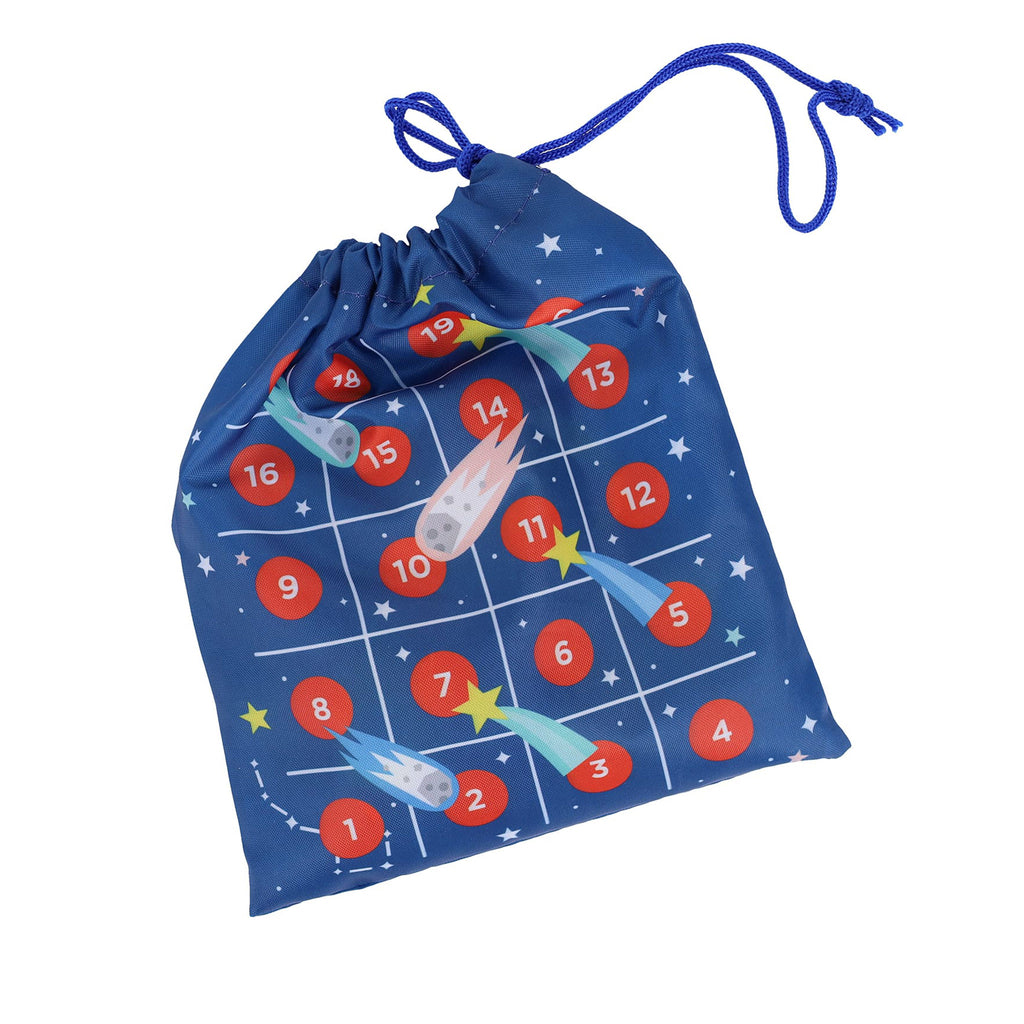 Chronicle Petit Collage Space Adventure On-the-Go Game Duo in blue drawstring bag that doubles as a gameboard.