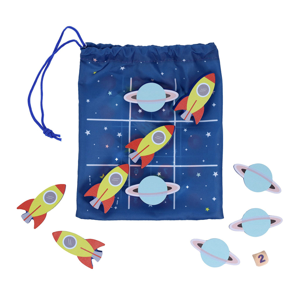 Chronicle Petit Collage Space Adventure On-the-Go Game Duo, blue drawstring bag with tic-tac-toe board and wooden rocket and planet pieces and dice.