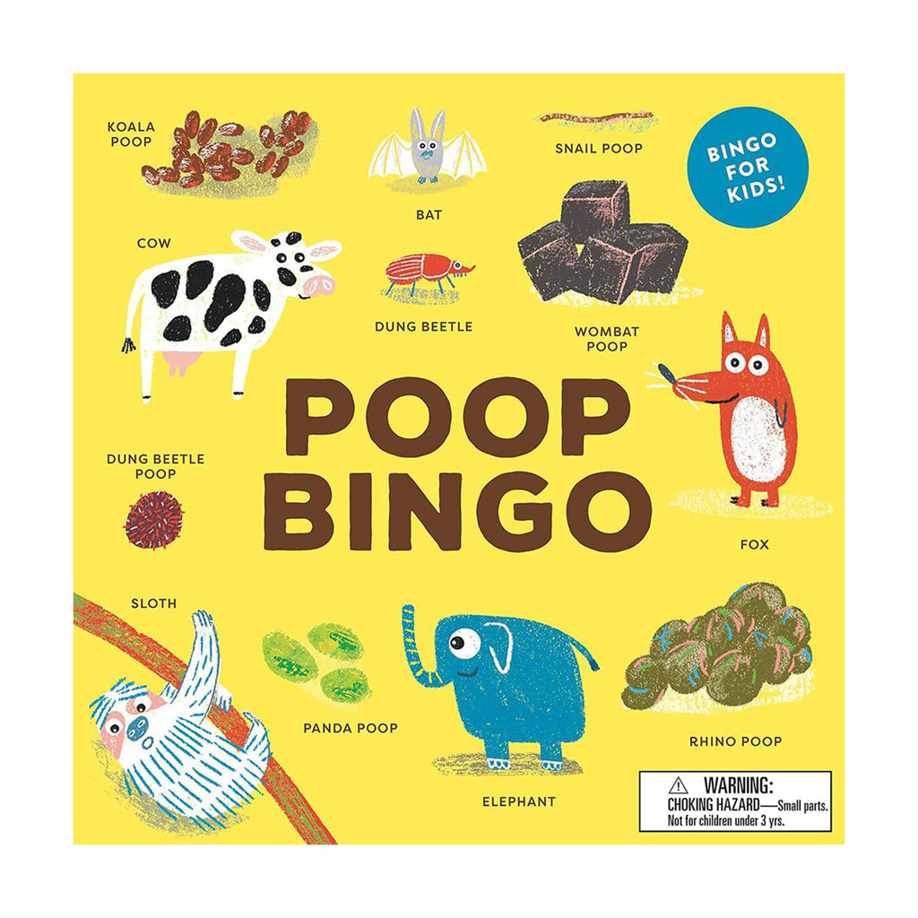 Chronicle Poop Bingo game for kids in yellow illustrated box, front view.