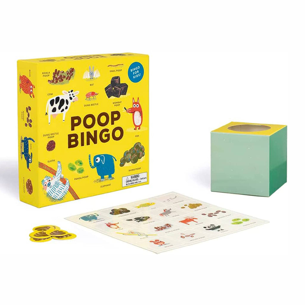 Chronicle Poop Bingo game for kids in yellow illustrated box, front angle view with sample card, markers and container to pull cards from.