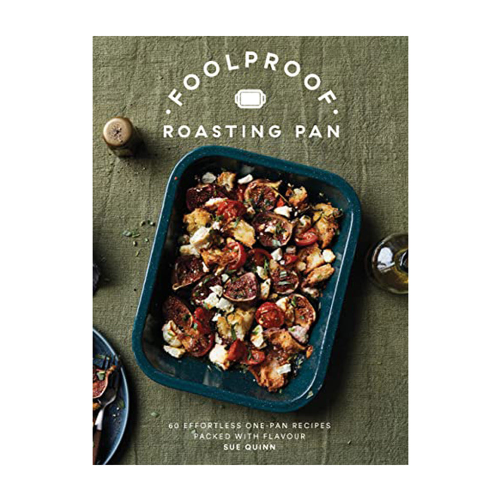 Chronicle Foolproof Roasting Pan cookbook hardcover book front cover with a photo of a pan filled with one of the recipes from the book on a gray background.