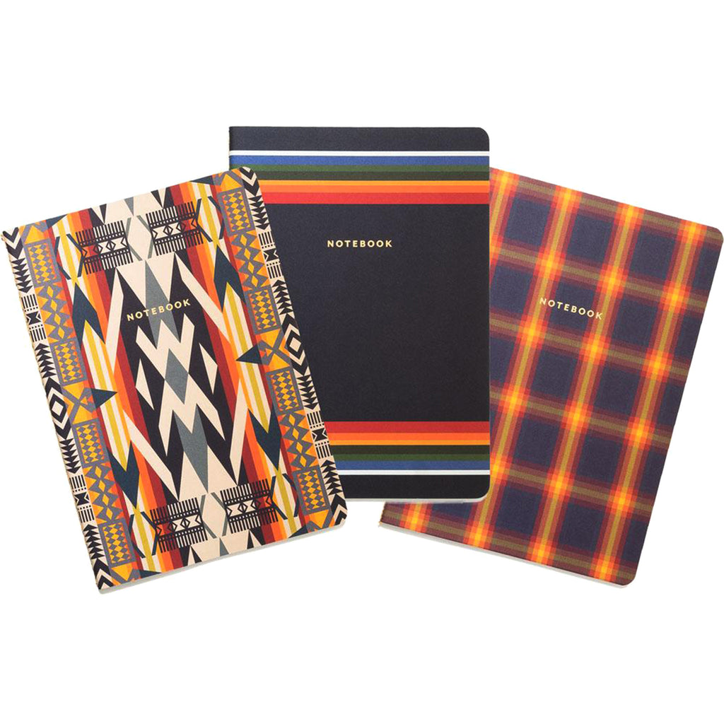 Chronicle The Art of Pendleton Notebook collection with 3 notebooks, one with classic jacquard design, one with a plaid pattern and one with a National Park stripe.