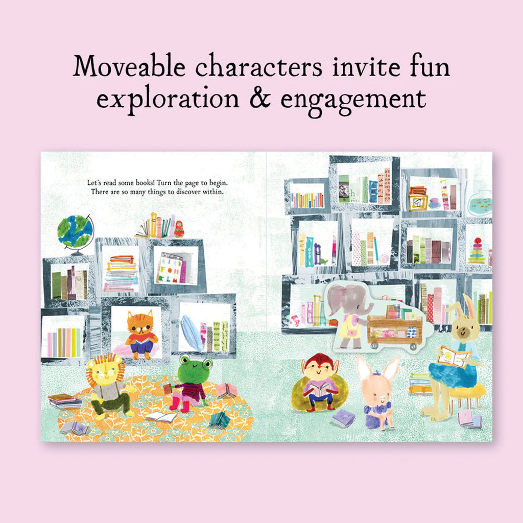 Chronicle Welcome to Preschool interactive toddler board book, sample page with animals in a library reading books.