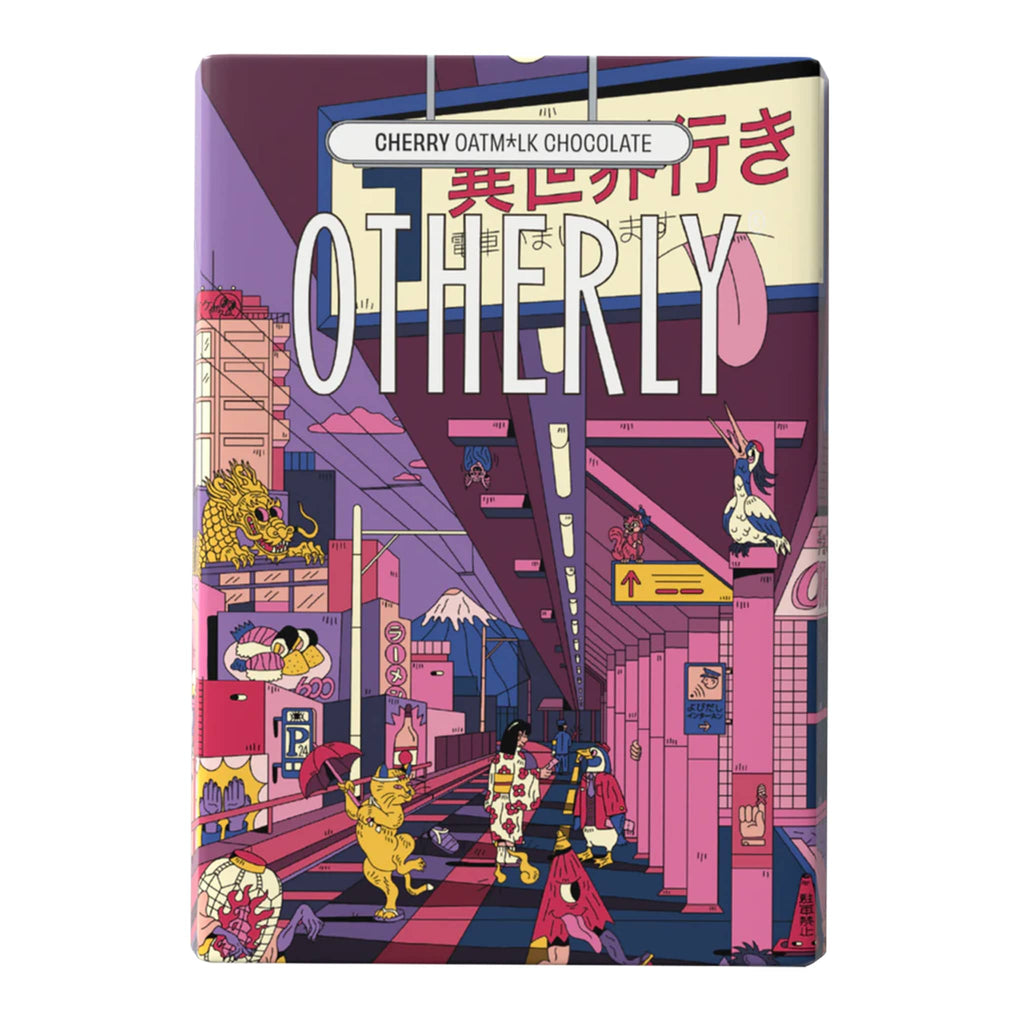 Otherly Cherry Oat Milk Chocolate Bar in wrapper with an illustration of a lively train station in the city in pink, purple and burgundy tones.