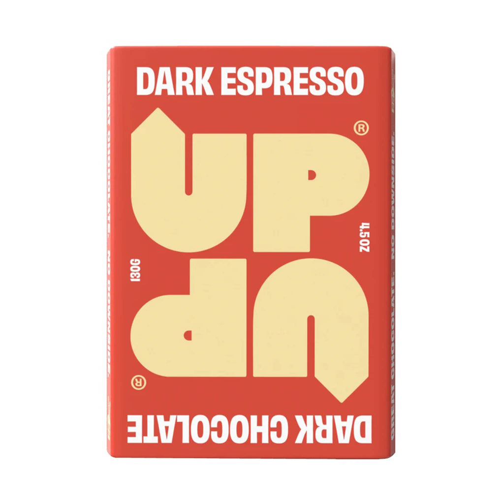 UP-UP 4.6 ounce espresso dark chocolate bar in dark orange wrapper with pastel yellow and white writing, front view.