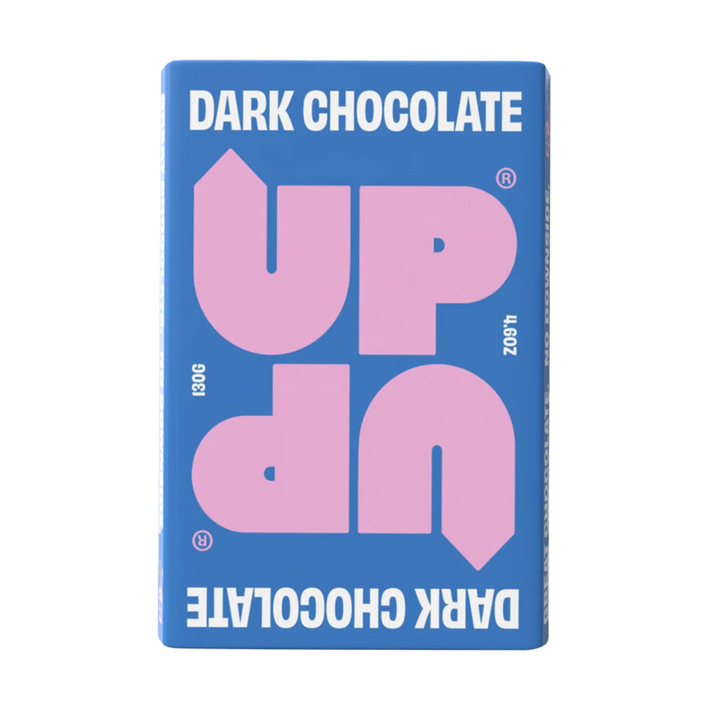 UP-UP 4.6 ounce original dark chocolate bar in blue wrapper with pink and white writing, front view.