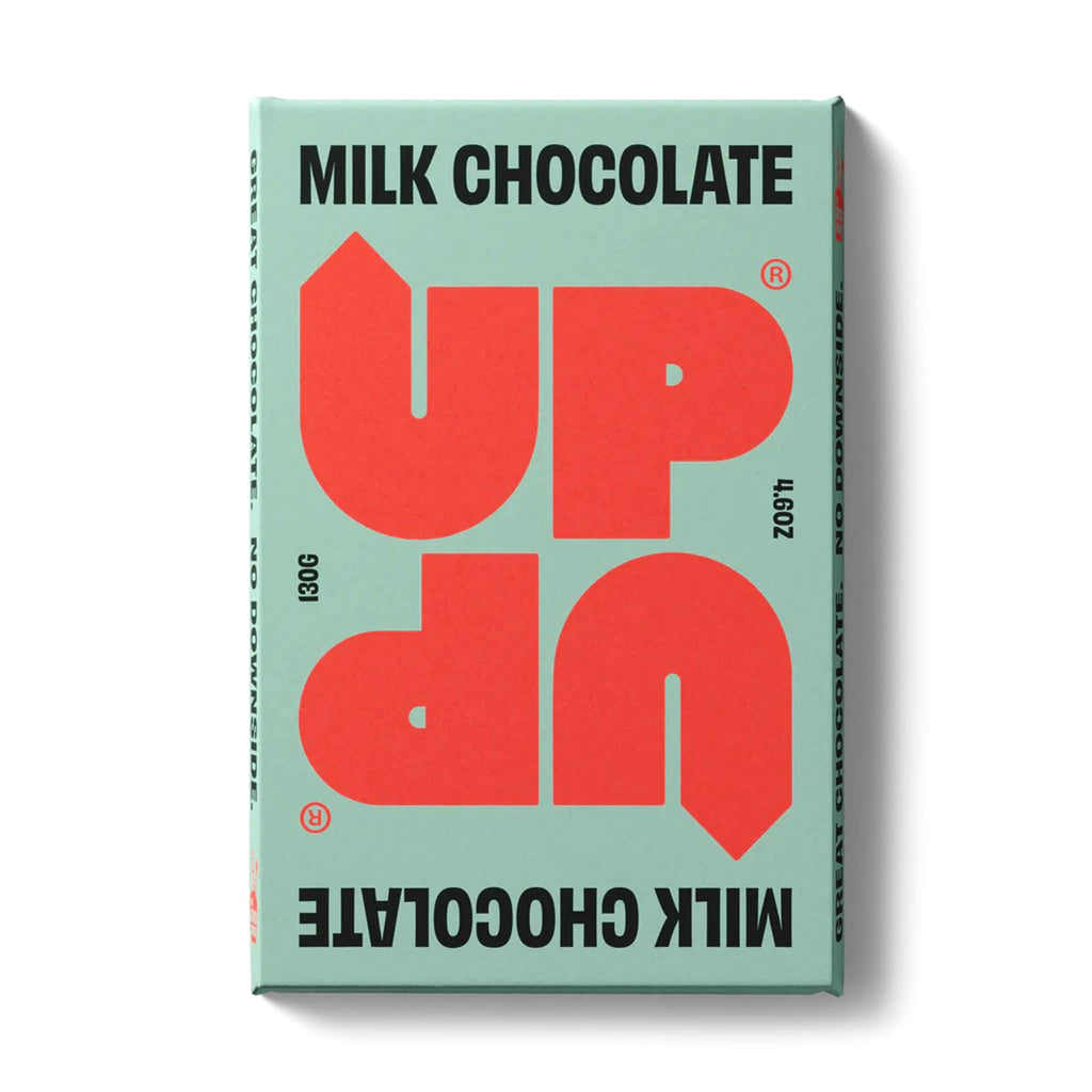 UP-UP 4.6 ounce original milk chocolate bar in mint green wrapper with red and black writing, front view.