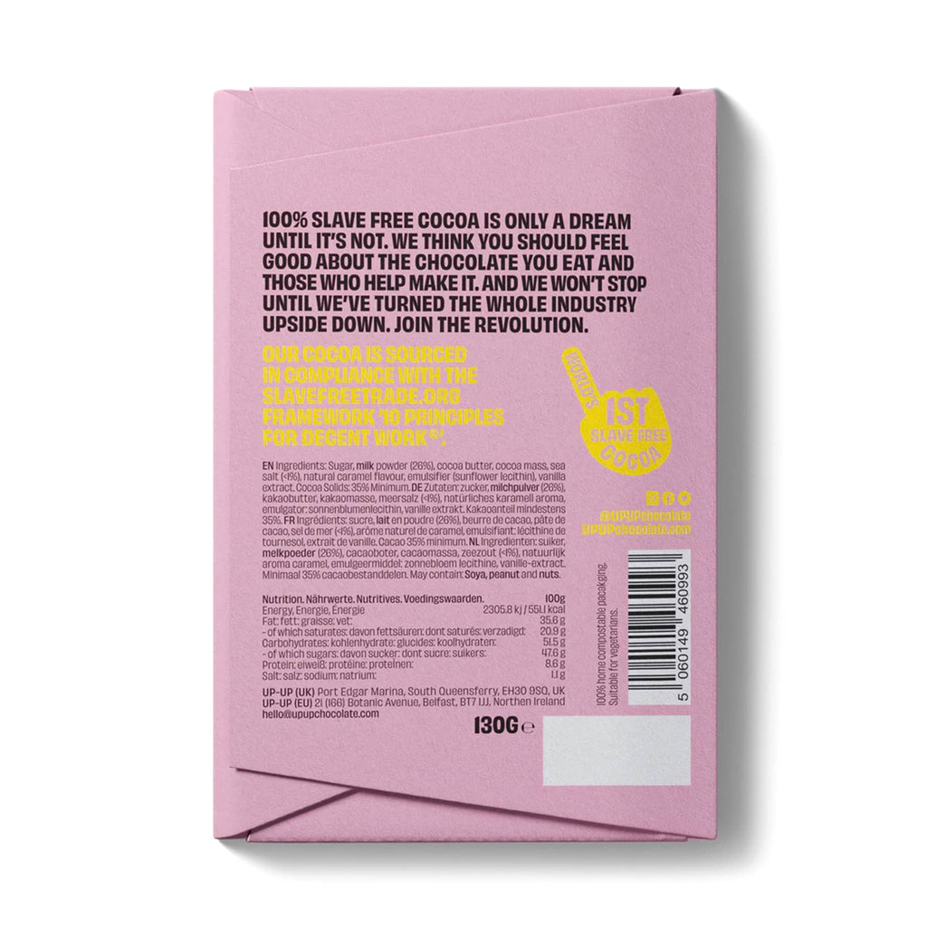 UP-UP 4.6 ounce salted caramel milk chocolate bar in pink wrapper with yellow and black writing, back view.