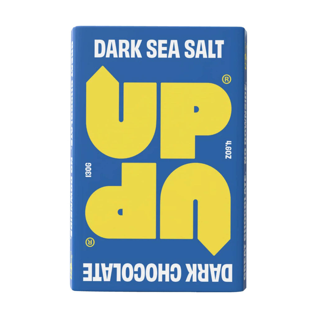 UP-UP 4.6 ounce sea salt dark chocolate bar in blue wrapper with yellow and white writing, front view.