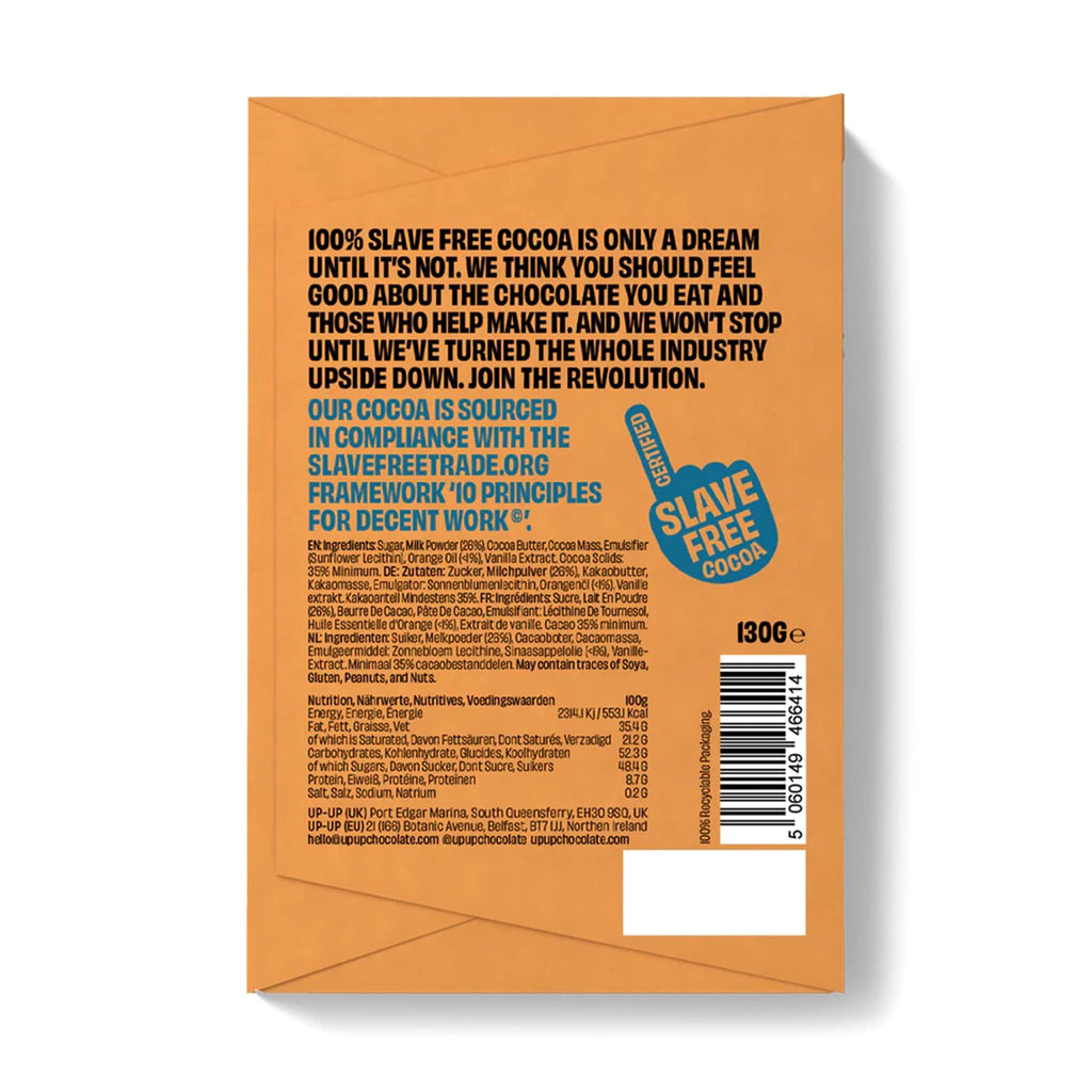 UP-UP 4.6 ounce sweet orange milk chocolate bar in light orange wrapper with dark blue and black writing, back view.