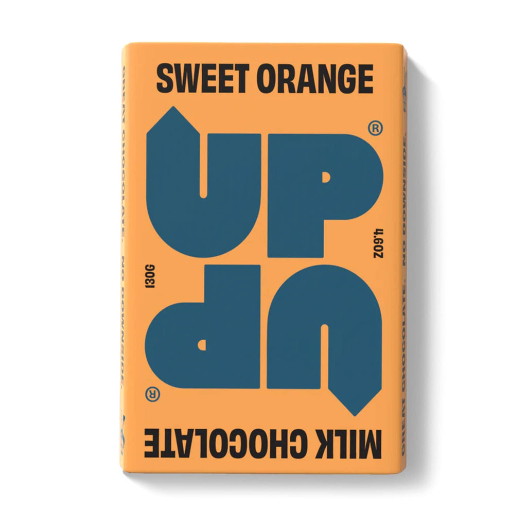 UP-UP 4.6 ounce sweet orange milk chocolate bar in light orange wrapper with dark blue and black writing, front view.