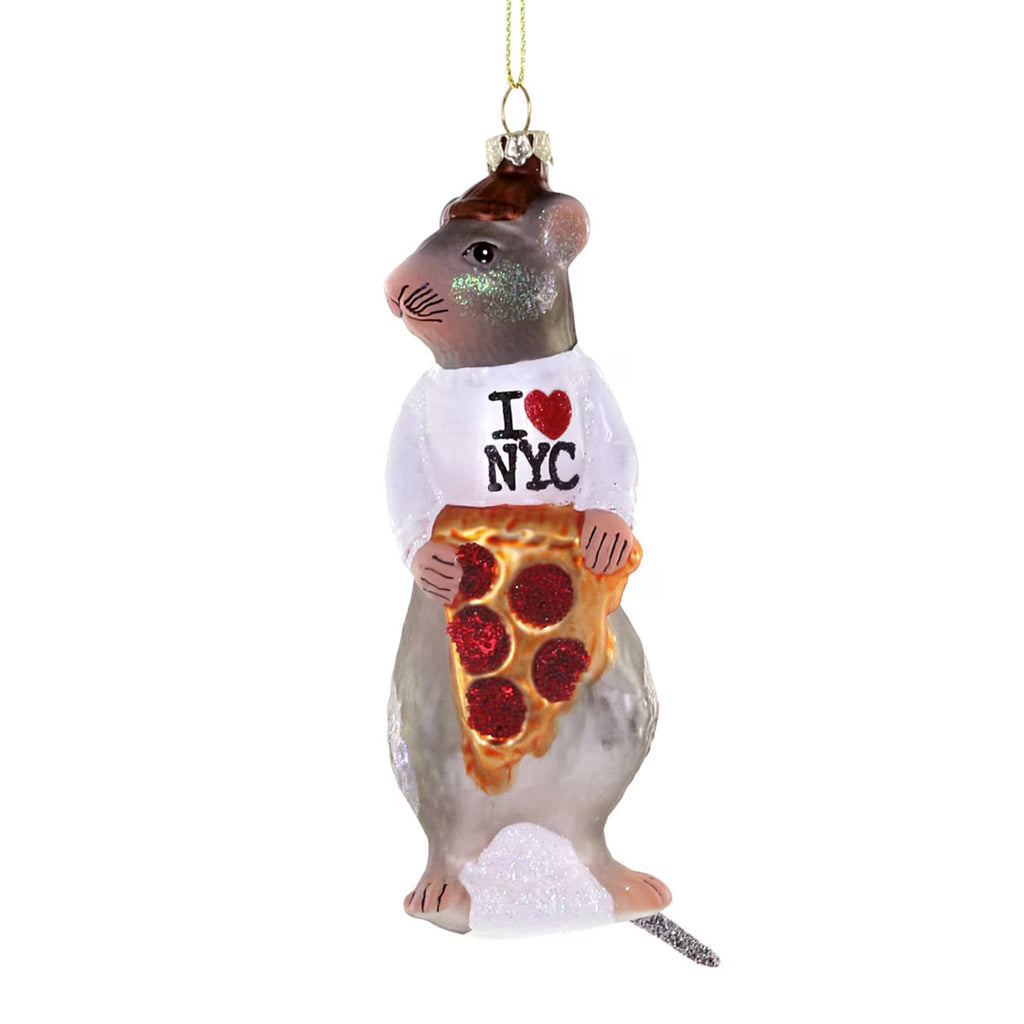 Cody Foster Pizza Rat glass christmas tree ornament, rat has an I Love NYC shirt on and is holding a slice of pepperoni pizza.