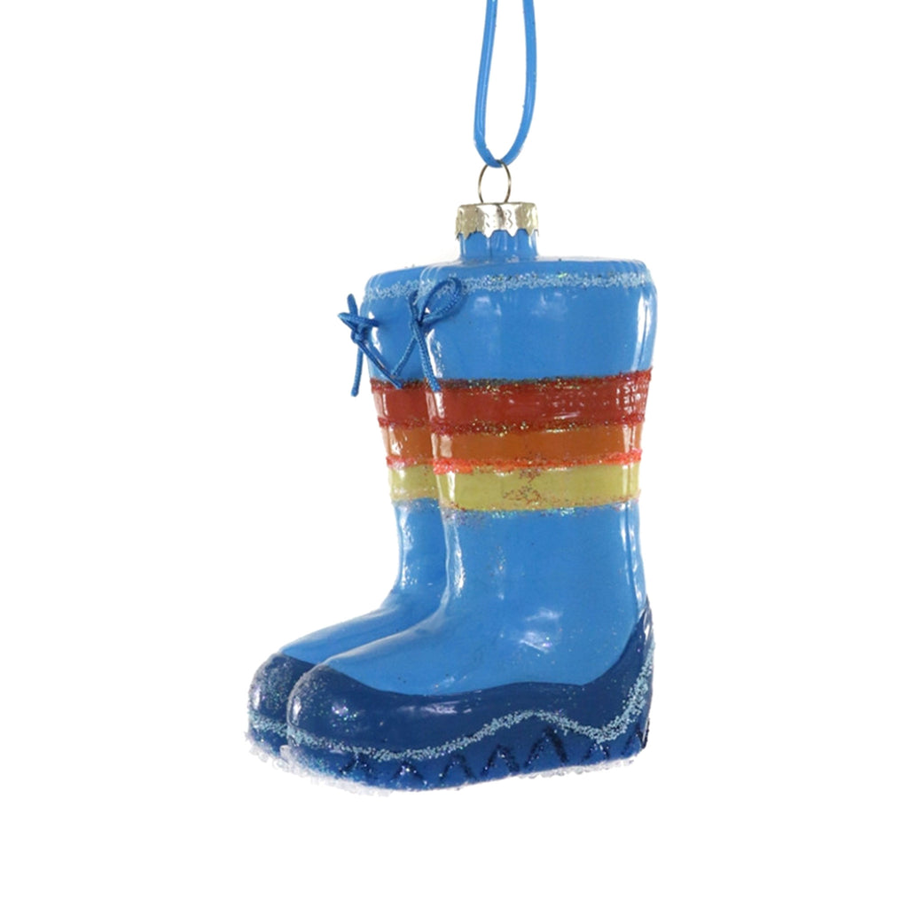 Cody Foster 1980's blue moon boots with red, orange and yellow stripe glass holiday tree ornament.