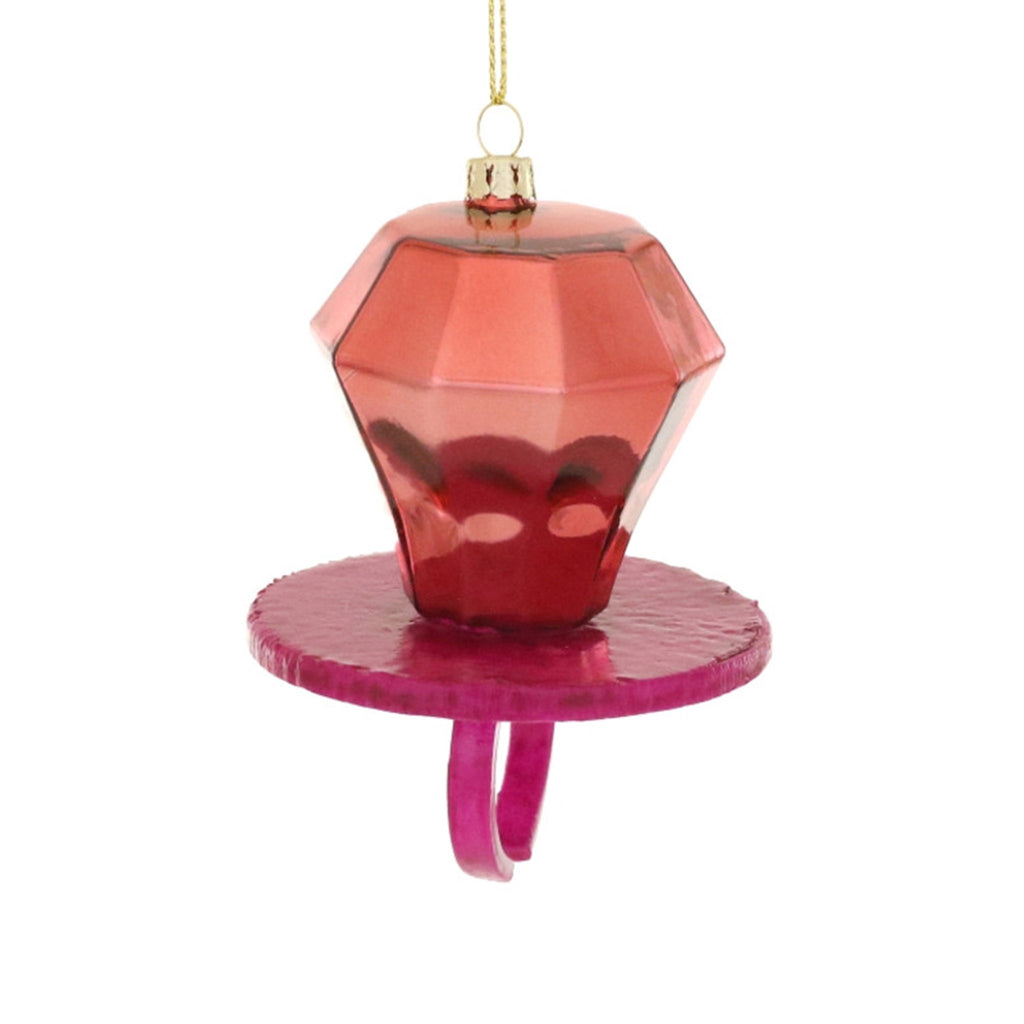 Cody Foster shiny red glass ring pop holiday tree ornament with pink resin base.